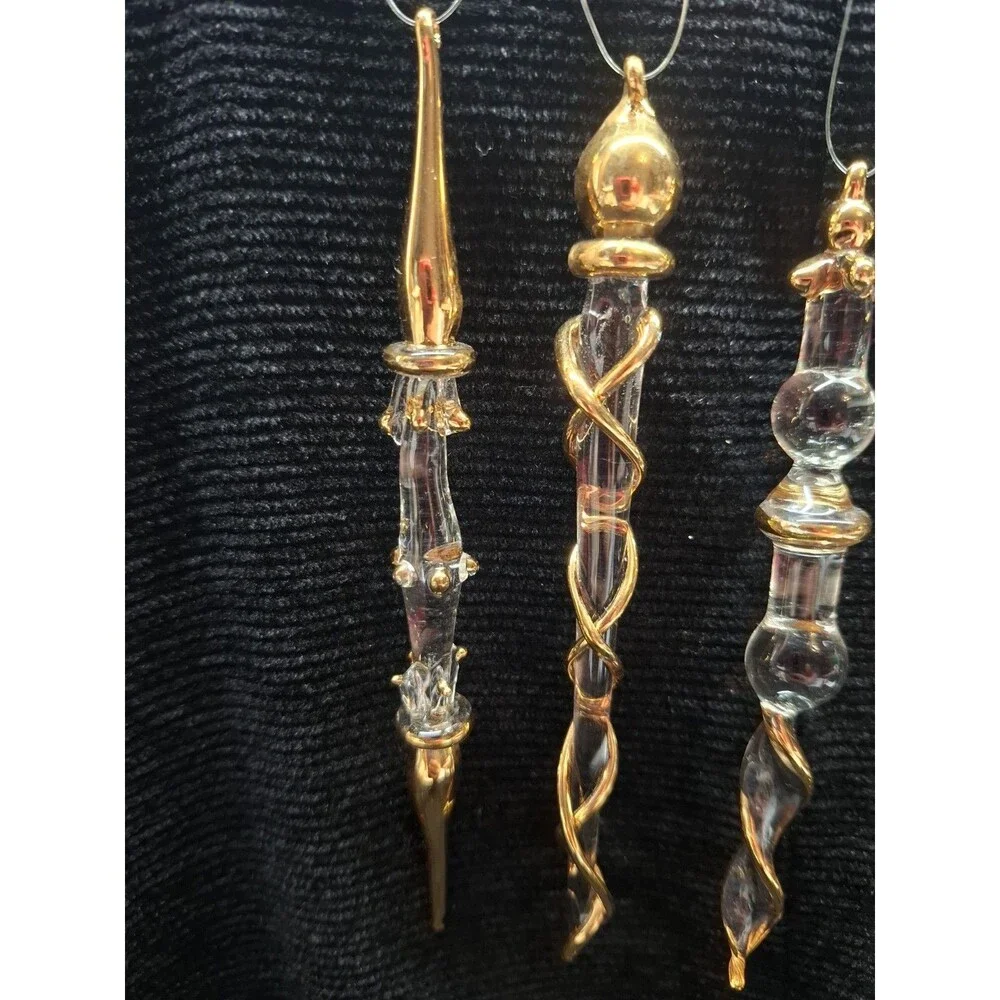 Vtg Glass Icicle Christmas Ornaments Clear Gold Accents Set of 4 Hanging 5 in